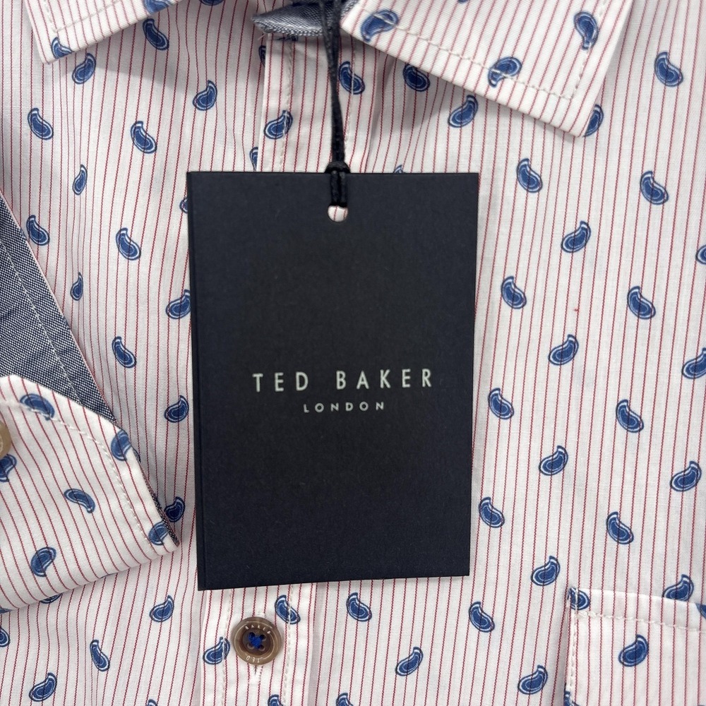 Ted Baker Shirt Mens 3XL White Blue Paisley Stripe Button Up Long Sleeve Cotton‎ - Picture 4 of 13